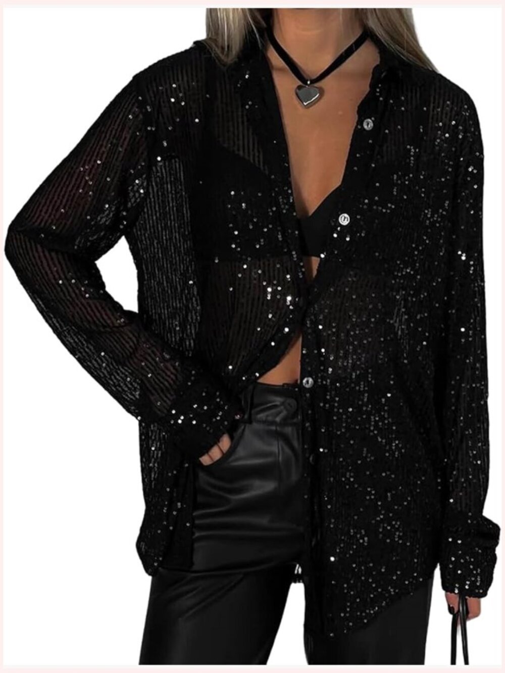 Sequin Long Sleeve Button Down Shirt Sparkly Blouse Tunic